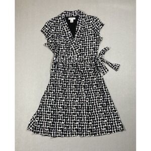 Liz Claiborne Faux Wrap Dress Sz M Geometric Black White Belted Stretchy